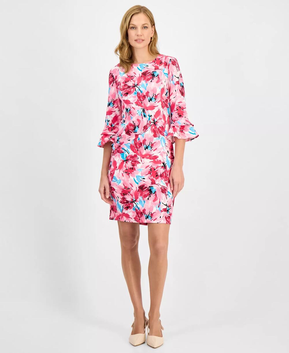 NEW Kasper Floral Sheath Dress Pink Mini 3/4 Bell Sleeve Ruffle Crew Neck Sz 4P